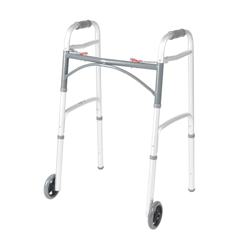 Drive Medical Two-Button Folding Walker with Wheels, Height Adjustable