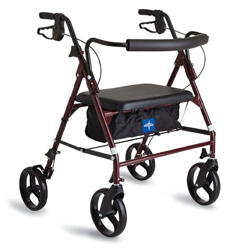 Medline Large Steel Bariatric Rollator Walker with Adjustable Handles, Padded Seat & Backrest, 500 lb. Weight Capacity