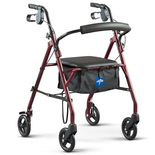 Medline Steel Rollator Walker with Seat, Burgundy, 350 lb. Weight Capacity